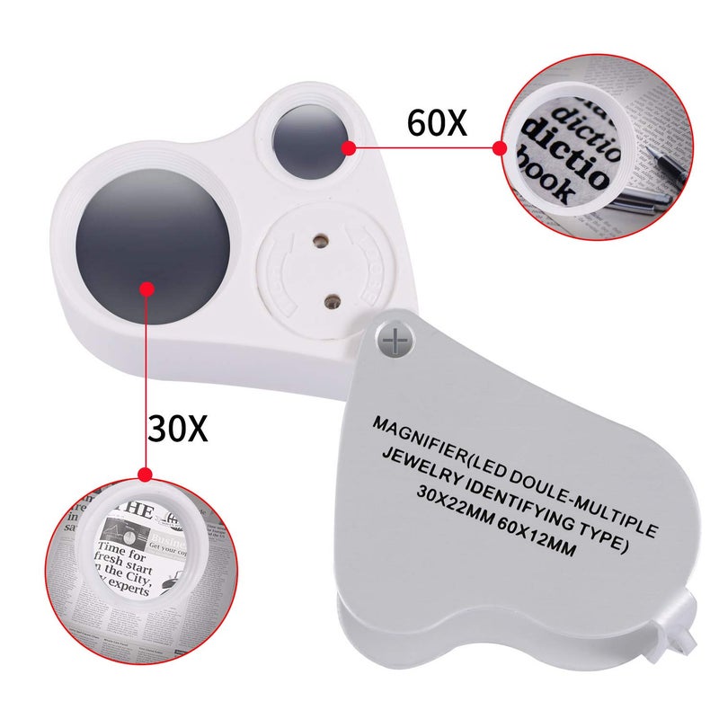 Jiusion Portable Lighted LED Illuminated Jewelry Magnifier 30X 60X Wearable Handheld Dual Lens Eye Loupe Magnifying Glasses Micro Microscope with Keychain and Lanyard - Image 2